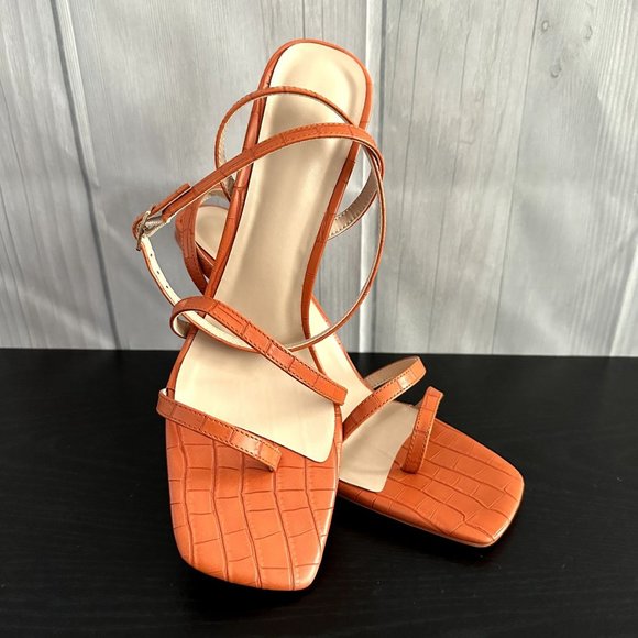 Women's High Sandals Buckle Heel Orange -  Heel Gold Color - Square Open Toe - Picture 1 of 6